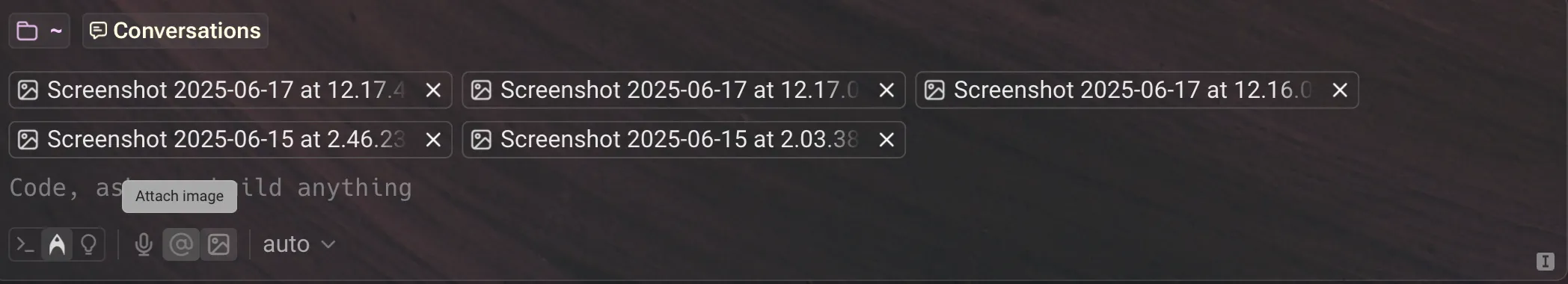 Five images attached with the image upload button in the agent input.